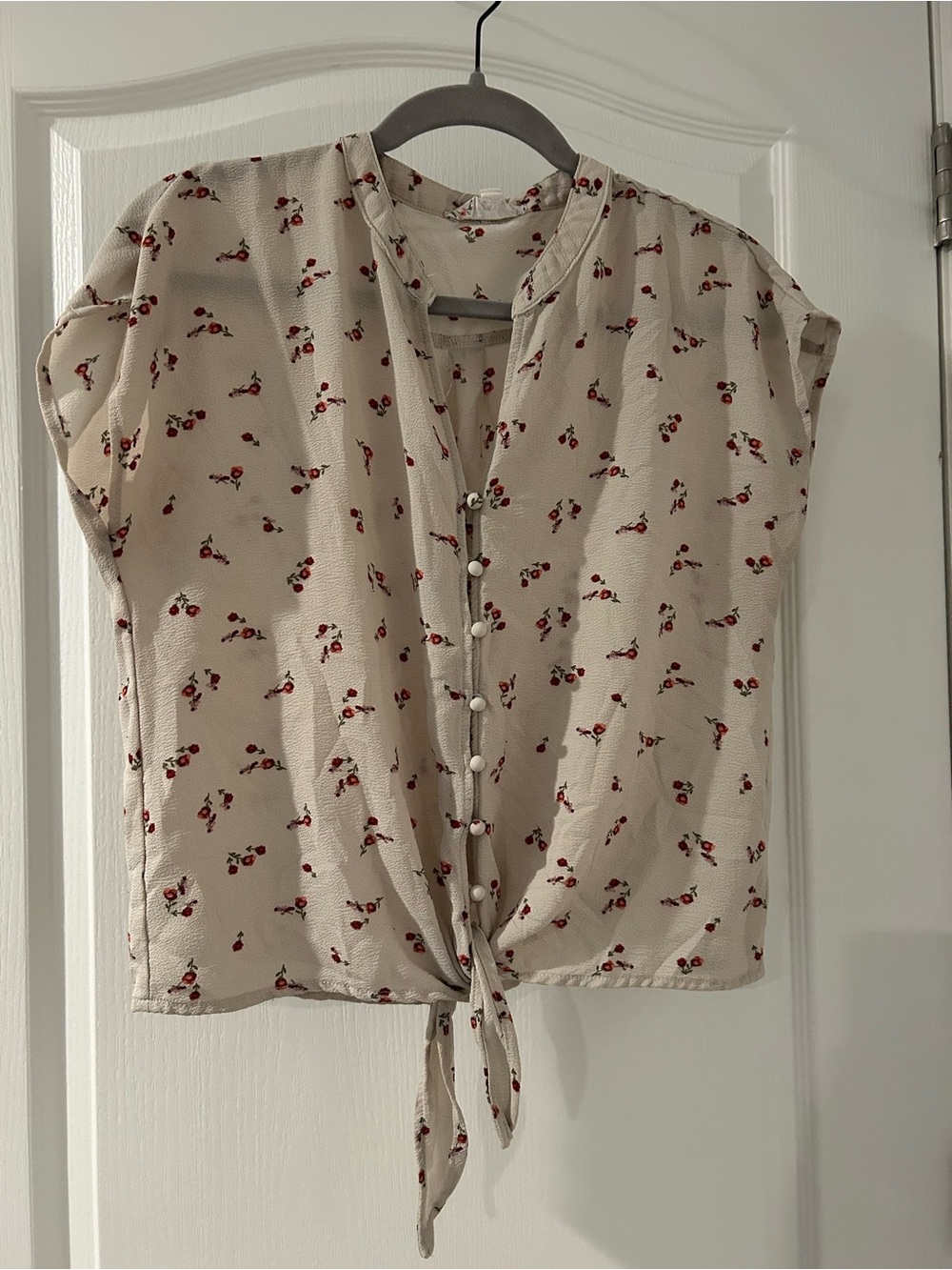 Pink Rose Cream Button-Front Tie Blouse with Red Cherry Print
